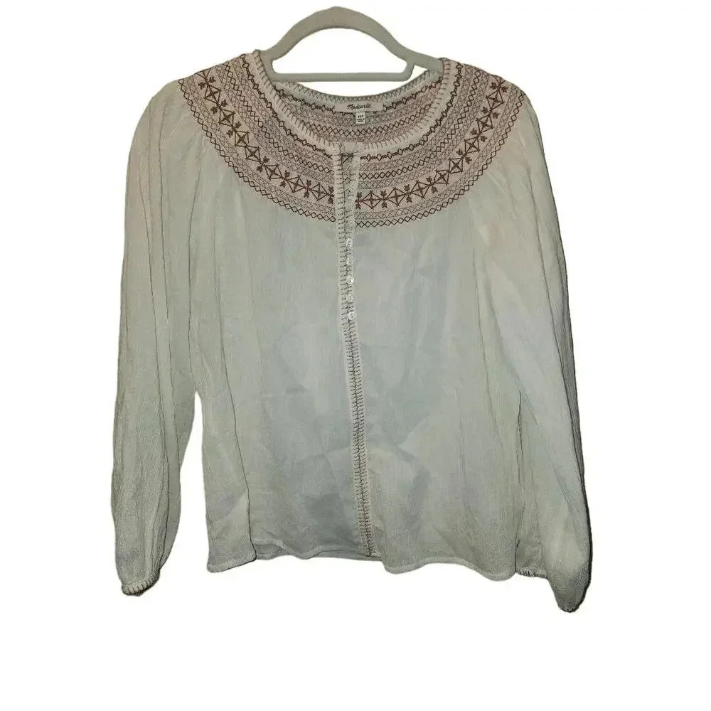 Madewell Embroidered Crinkle-Cotton Button Up Women's XXS - Picture 2 of 5
